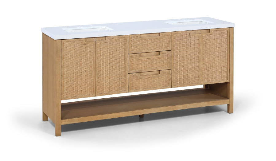 Soren 72" Engineered Stone, Cane And Solid Wood Bathroom Vanity - Natural