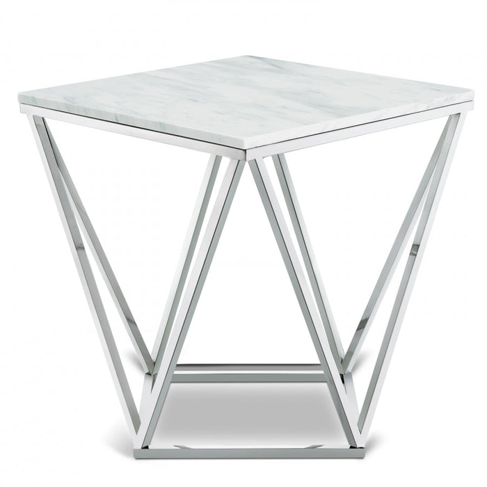 Skyler Genuine Marble Top And Chrome Steel Base End / Side Table - Chrome
