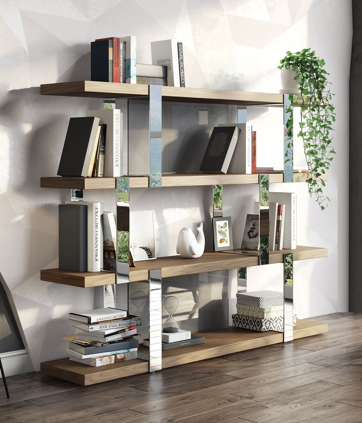 Brewer - Modern Walnut Glass & Stainless Steel Bookshelf