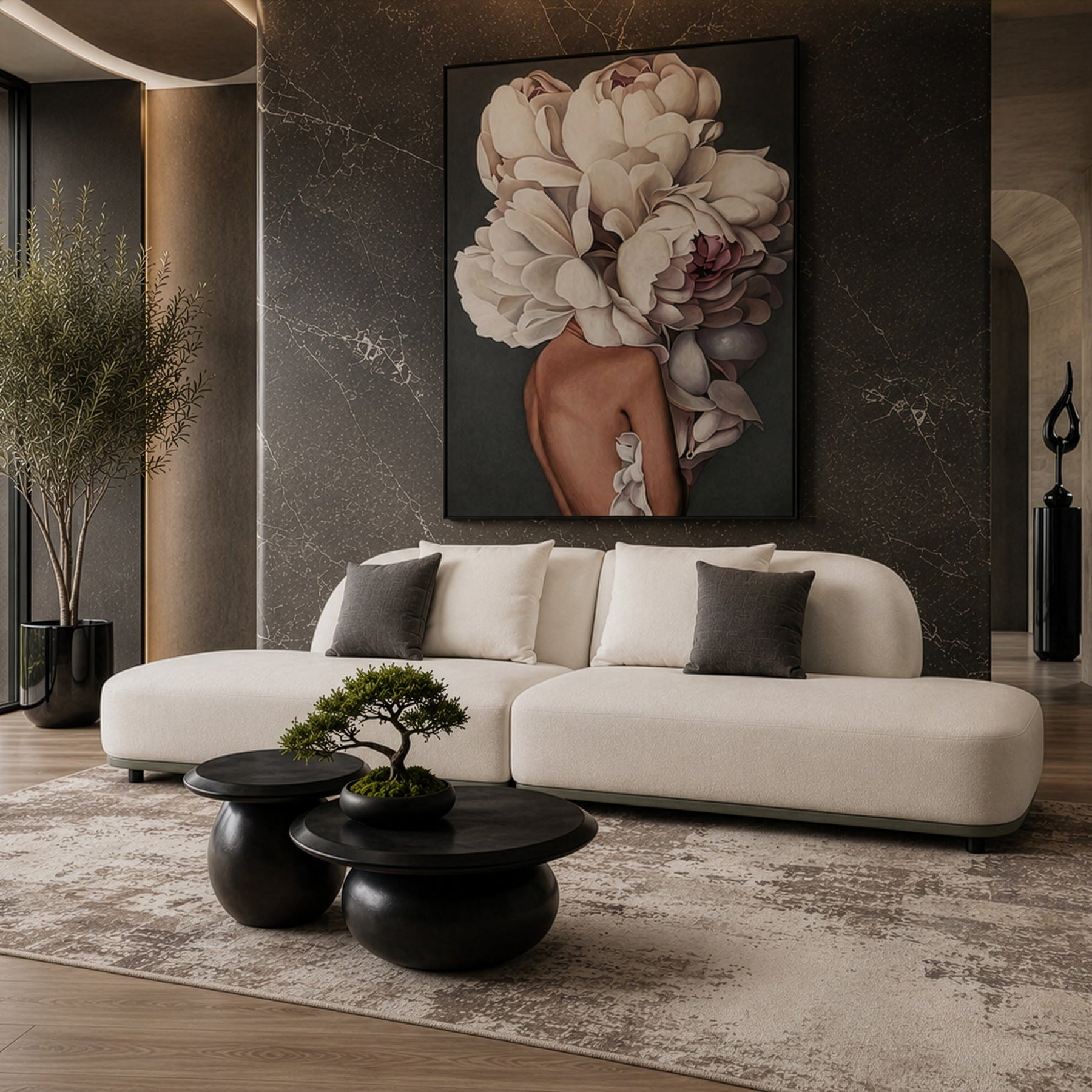 Falcone - Contemporary Off-White + Grey Bonded Leather Curved Sectional Sofa