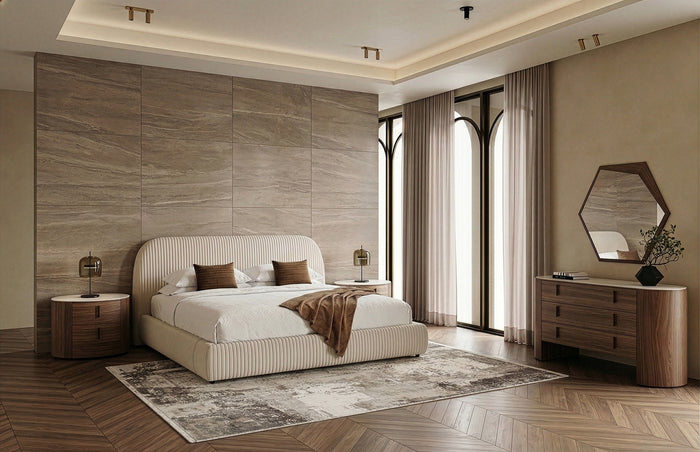 Hortman + Chelton - Modern Beige Velvet + Walnut 4-Piece Bedroom Set