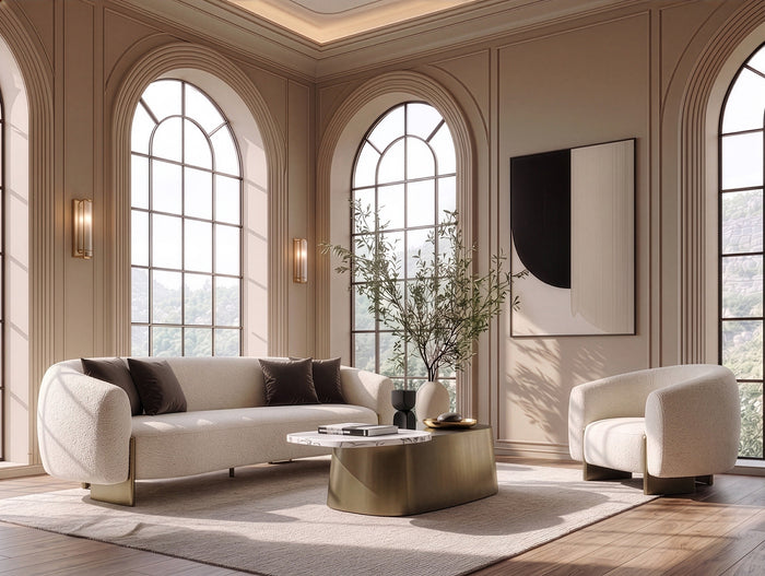 Thrive - Modern Beige Fabric + Antique Brass Sofa