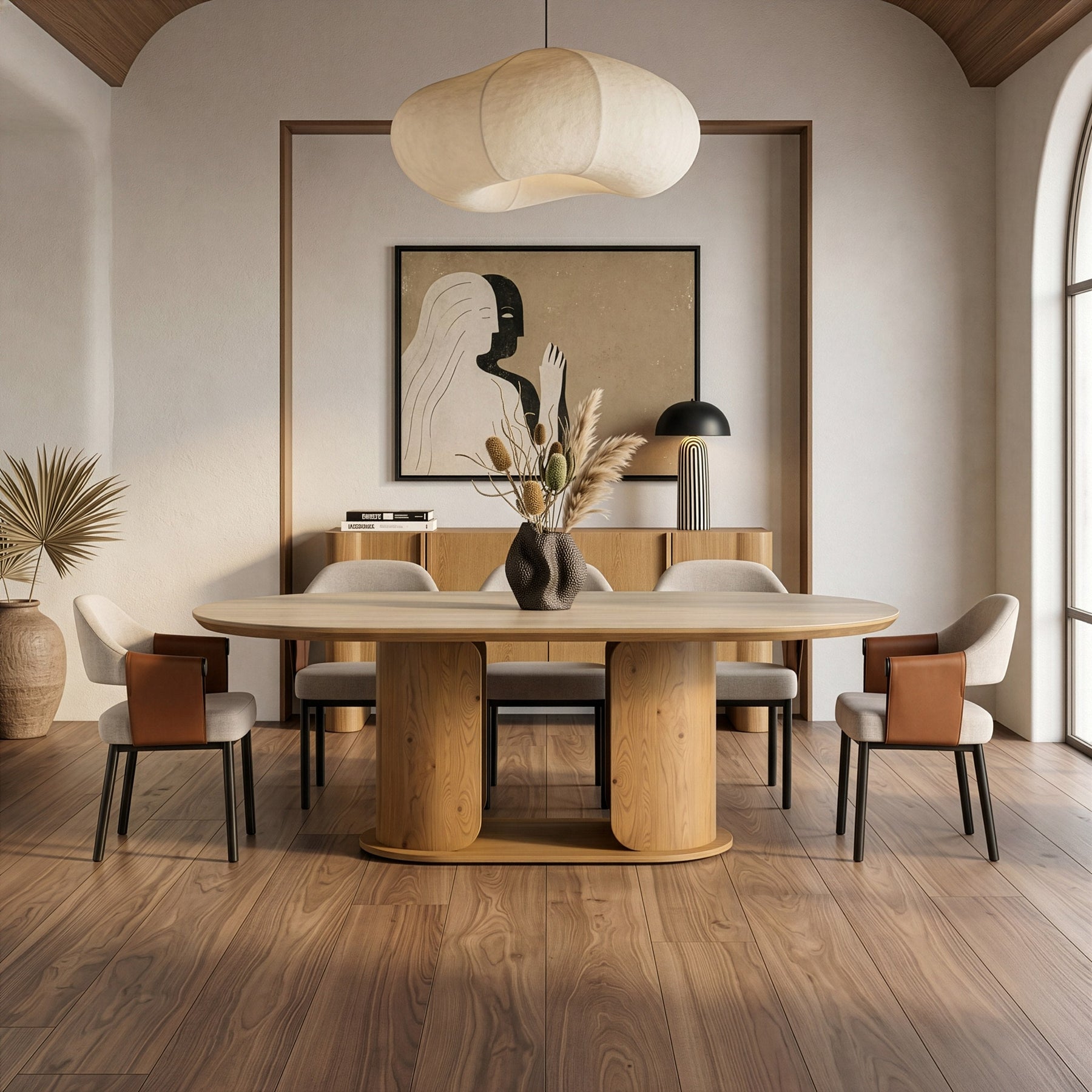 Walbrook - Modern Faux Travertine Ceramic + White Oak Oval Dining Table