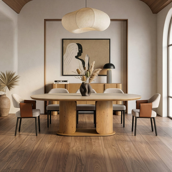 Walbrook - Modern Faux Travertine Ceramic + White Oak Oval Dining Table