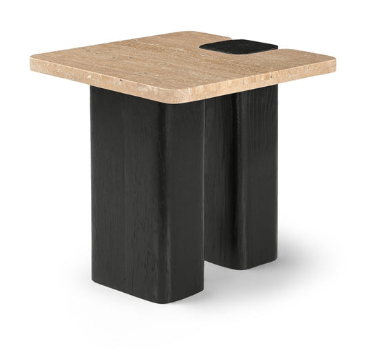 Ravenna Genuine Travertine Top And Oak Wood Base End / Side Table - Natural