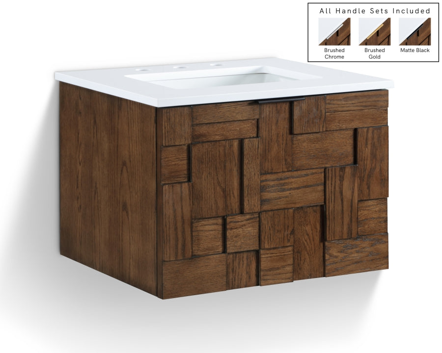 Leonardo 24" White Engineered Stone And Solid Wood Wall Mounted Bathroom Vanity - Brown