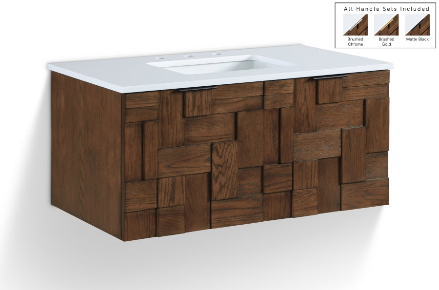 Leonardo 36" White Engineered Stone And Solid Wood Wall Mounted Bathroom Vanity - Brown