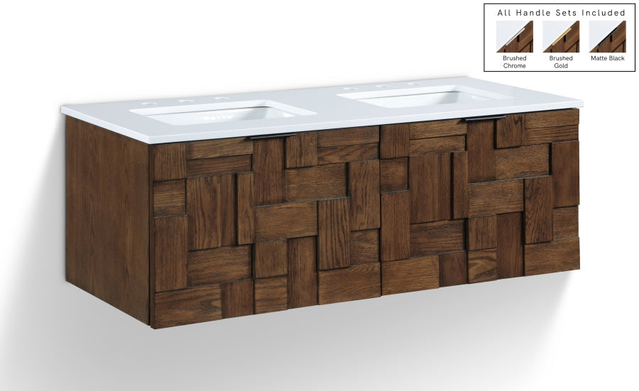 Leonardo 48" White Engineered Stone And Solid Wood Wall Mounted Bathroom Vanity - Brown