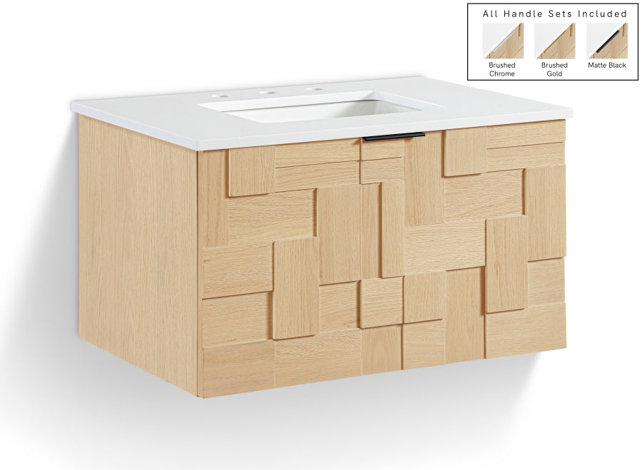 Leonardo 30" White Engineered Stone And Solid Wood Wall Mounted Bathroom Vanity - Natural