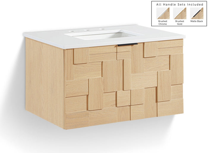 Leonardo 30" White Engineered Stone And Solid Wood Wall Mounted Bathroom Vanity - Natural