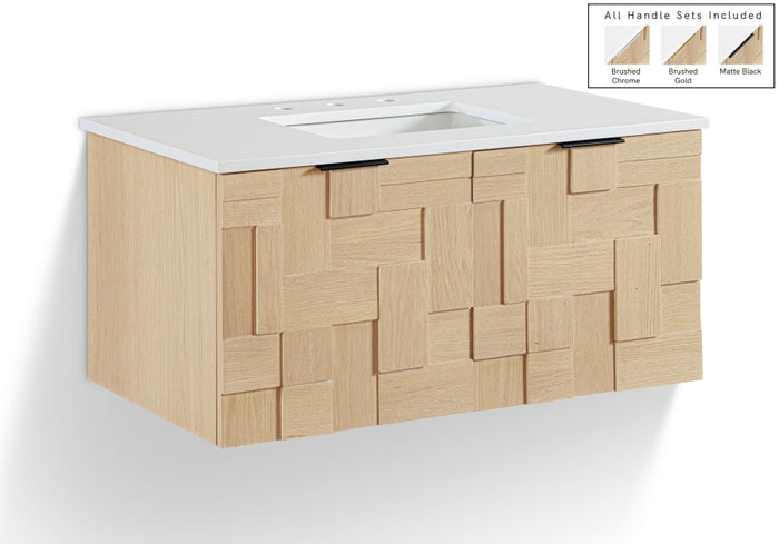 Leonardo 36" White Engineered Stone And Solid Wood Wall Mounted Bathroom Vanity - Natural