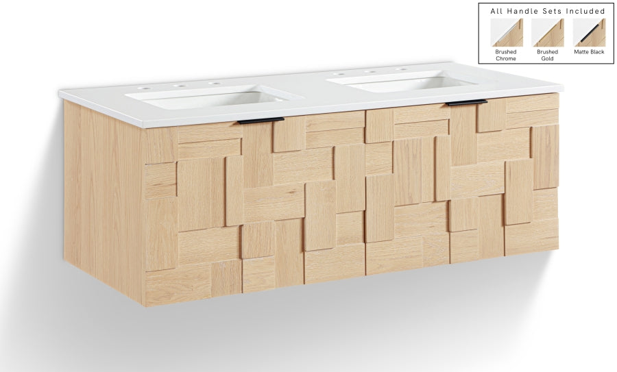 Leonardo 48" White Engineered Stone And Solid Wood Wall Mounted Bathroom Vanity - Natural