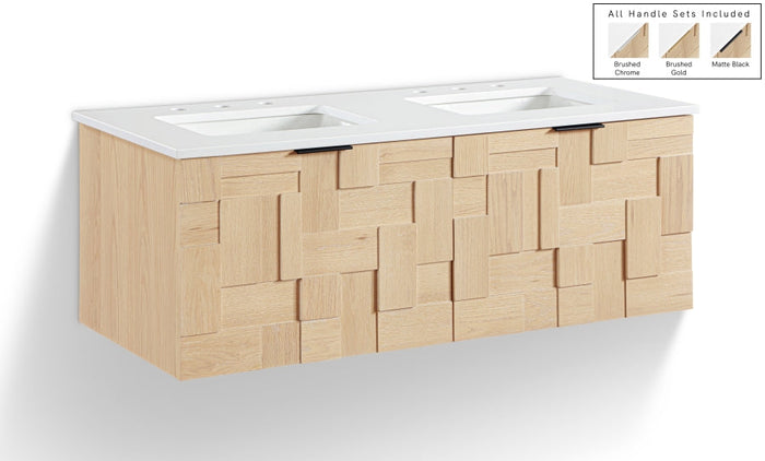 Leonardo 48" White Engineered Stone And Solid Wood Wall Mounted Bathroom Vanity - Natural