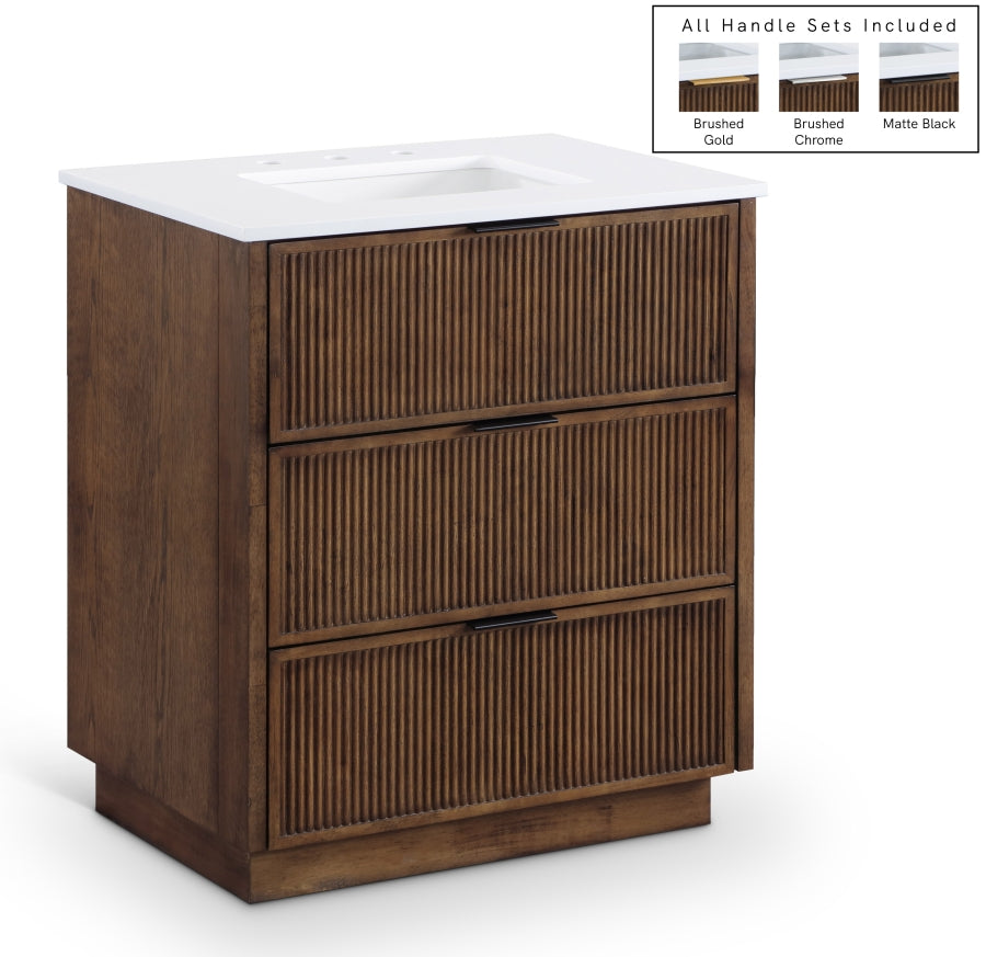 Willard 30" White Engineered Stone And Solid Wood Bathroom Vanity - Brown