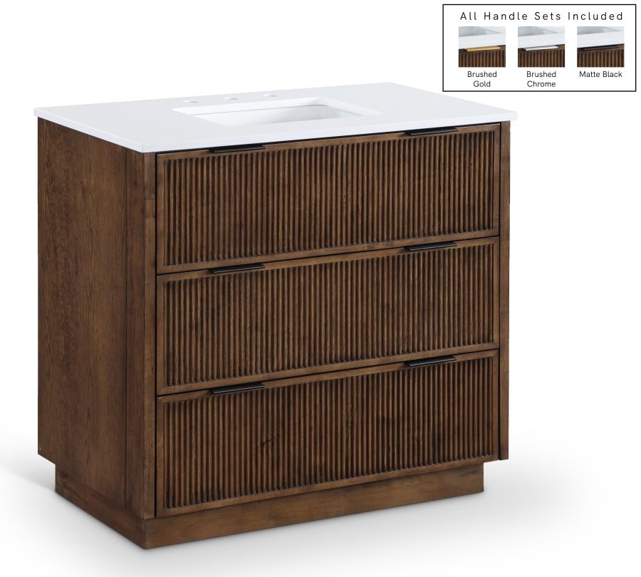 Willard 36" White Engineered Stone And Solid Wood Bathroom Vanity - Brown