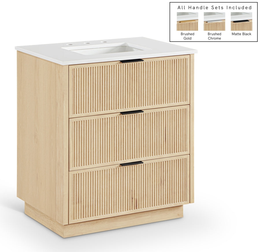 Willard 30" White Engineered Stone And Solid Wood Bathroom Vanity - Natural