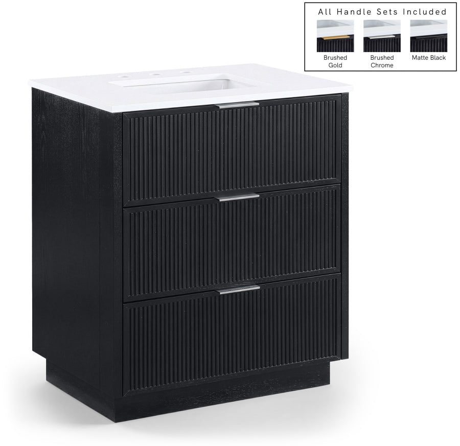 Willard 30" White Engineered Stone And Solid Wood Bathroom Vanity - Black