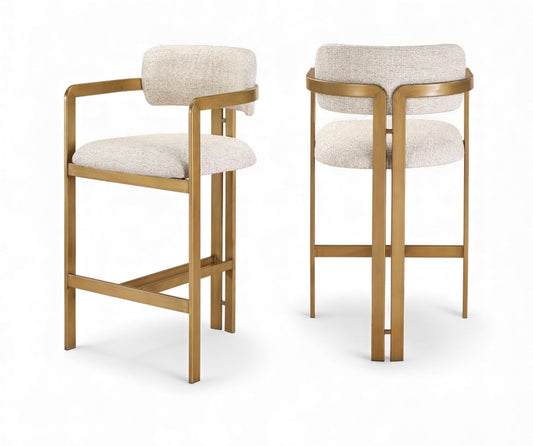 Aurum Linen Textured Fabric Upholstered And Brushed Brass Iron Frame Counter Stool - Beige