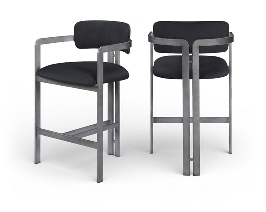 Aurum Vegan Leather Upholstered And Brushed Silver Iron Frame Counter Stool - Black