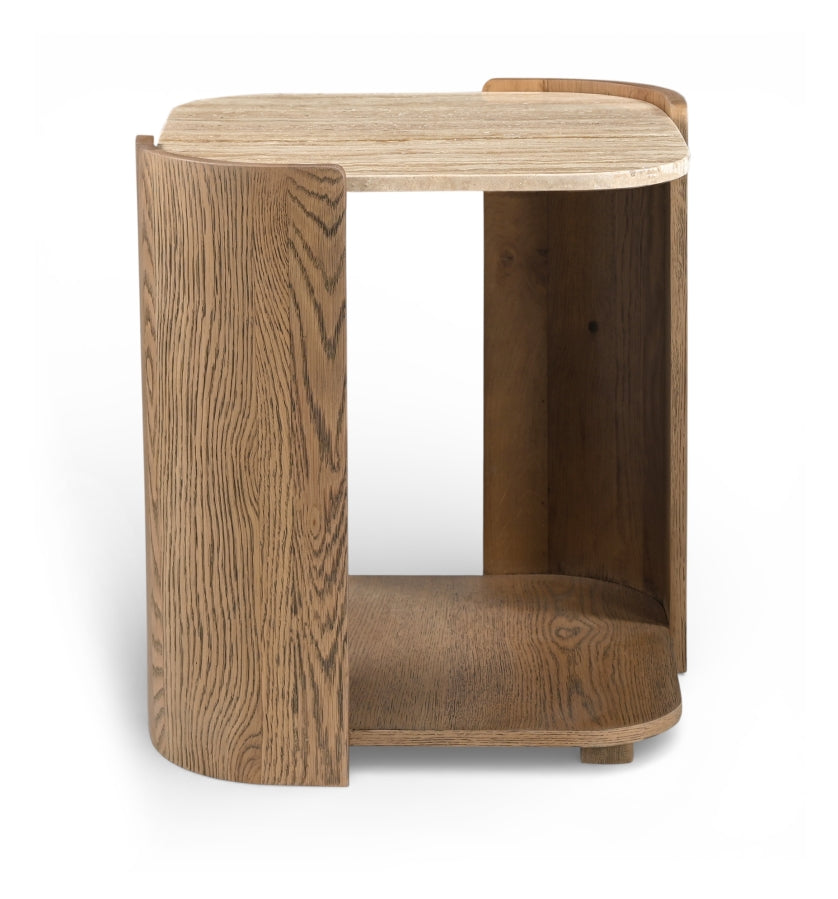 Calabria Genuine Marble And Oak Wood End / Side Table - Brown