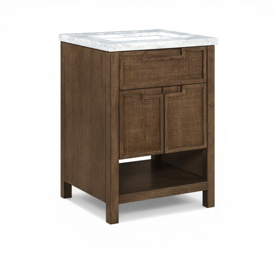 Soren 24" Genuine Carrara Marble, Cane And Solid Wood Bathroom Vanity - Brown
