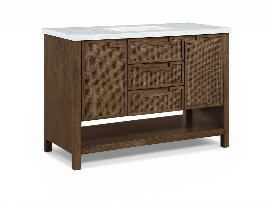 Soren 48" Genuine Carrara Marble, Cane And Solid Wood Bathroom Vanity - Brown