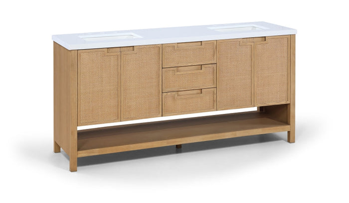 Soren 72" Engineered Stone, Cane And Solid Wood Bathroom Vanity - Natural