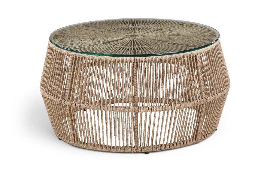 Coastline Tempered Glass Top And Wicker Outdoor Patio Coffee Table - Natural | Natural