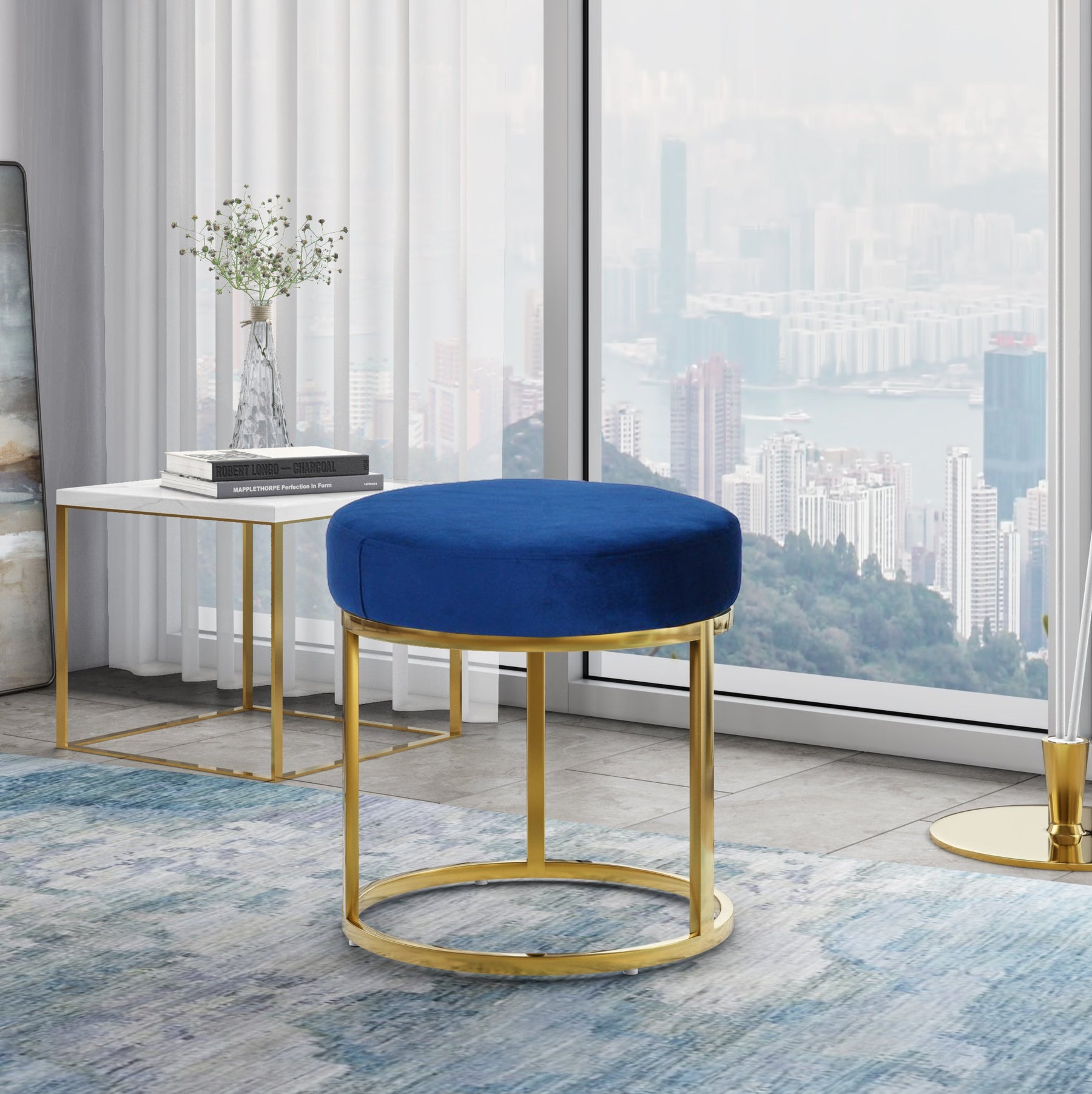 Elmont Modern Blue Velvet & Gold Stool Ottoman