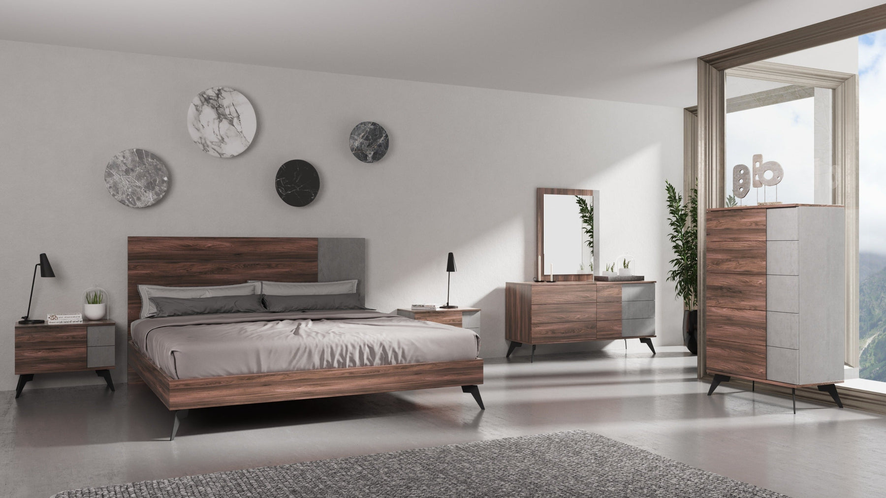 Palermo - Italian Modern Faux Concrete & Walnut 4-Piece Bedroom Set