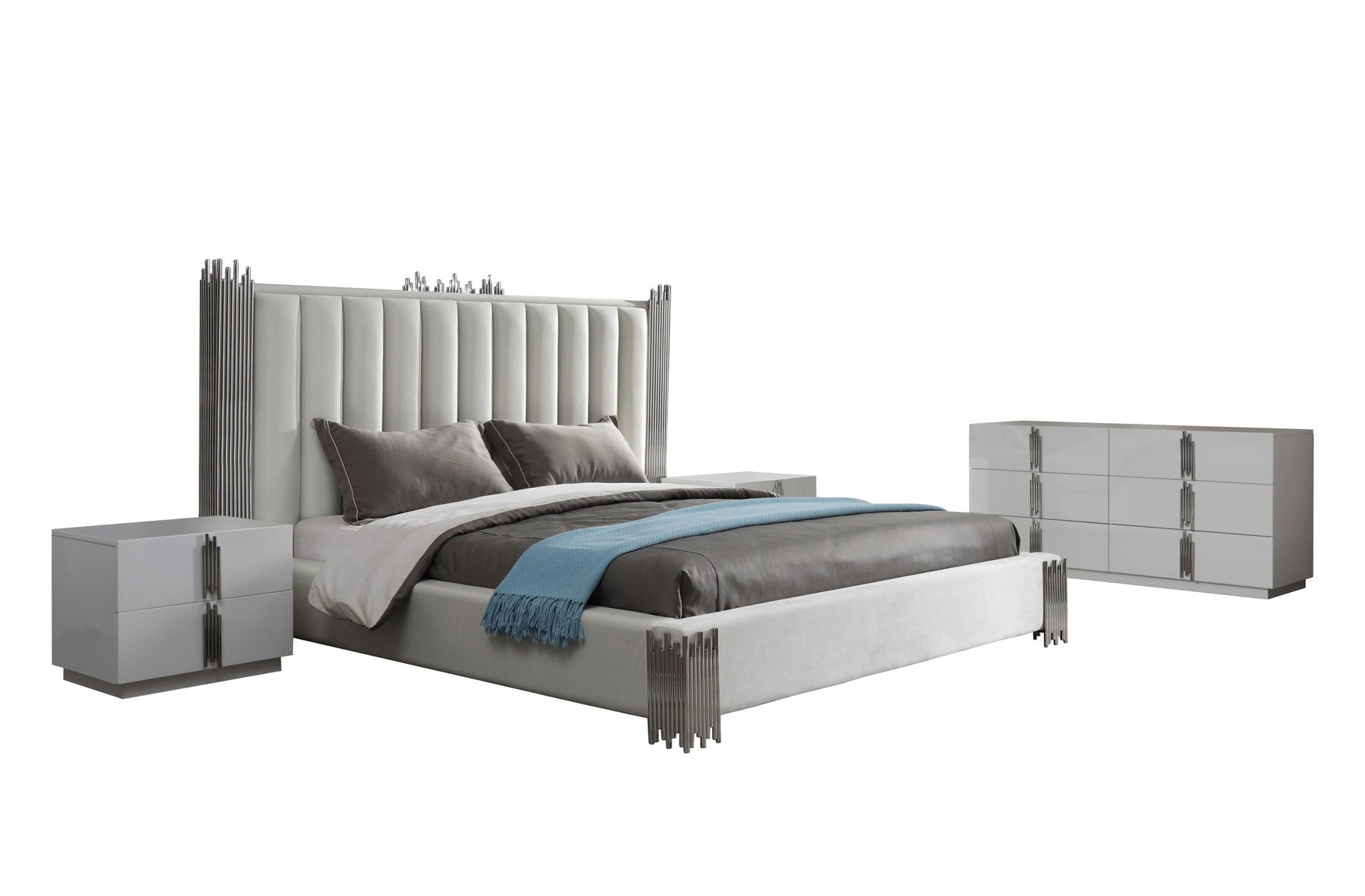 Token - Modern White + Stainless Steel 4-Piece Bedroom Set