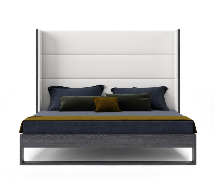 Heloise - Contemporary White Leather & Grey Elm Trim Bed