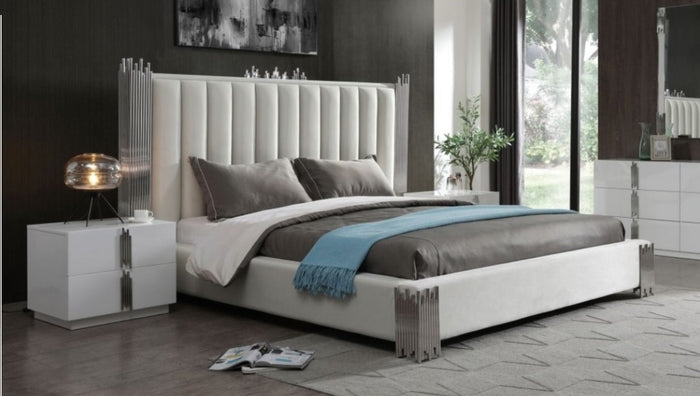 Token - Modern White + Stainless Steel Bed + Nightstands