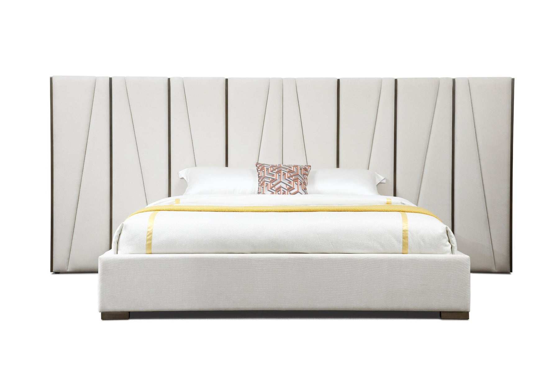 Nixa - Modern Beige Velvet + Brushed Bronze Bed + Birch Nightstands