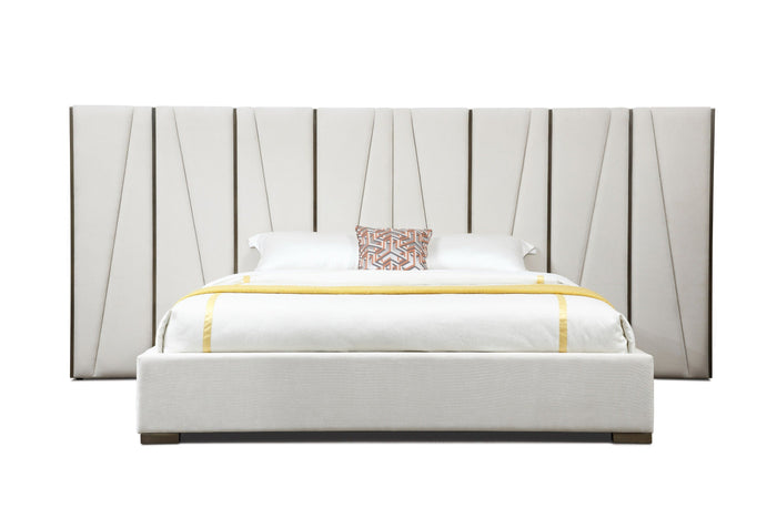 Nixa - Modern Beige Velvet + Brushed Bronze Bed + Birch Nightstands