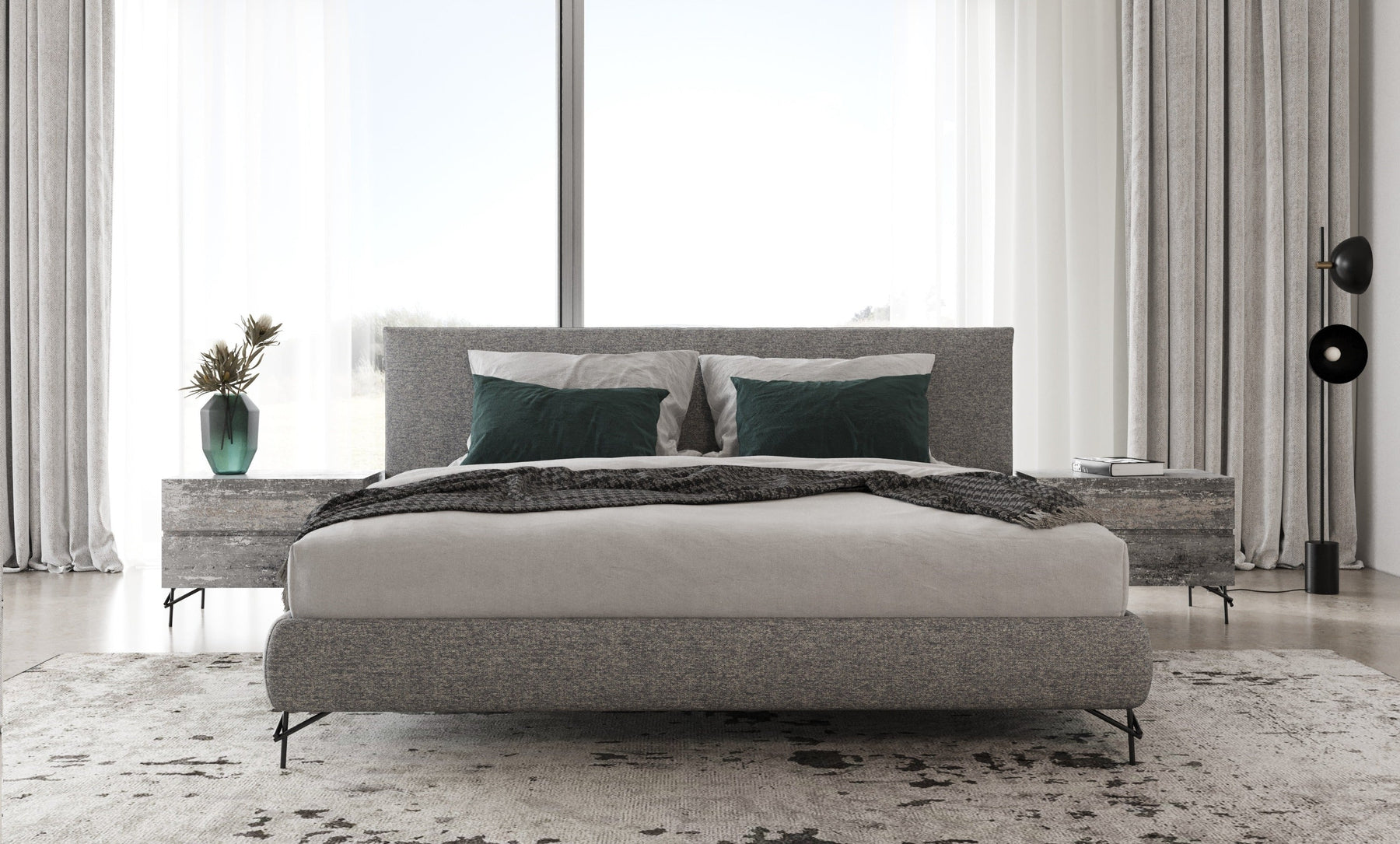 Aria - Italian Modern Multi Grey Bed and Two Nightstands
