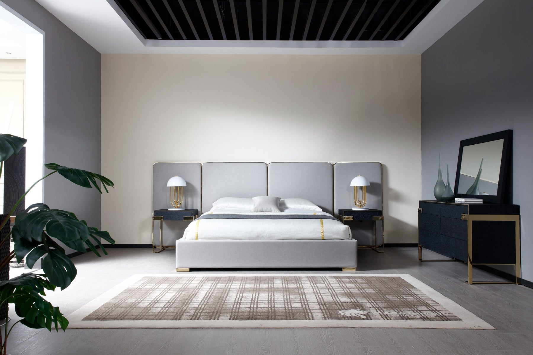 Athena & Rothsay - Modern Grey Fabric + Wenge + Gold Bedroom Set