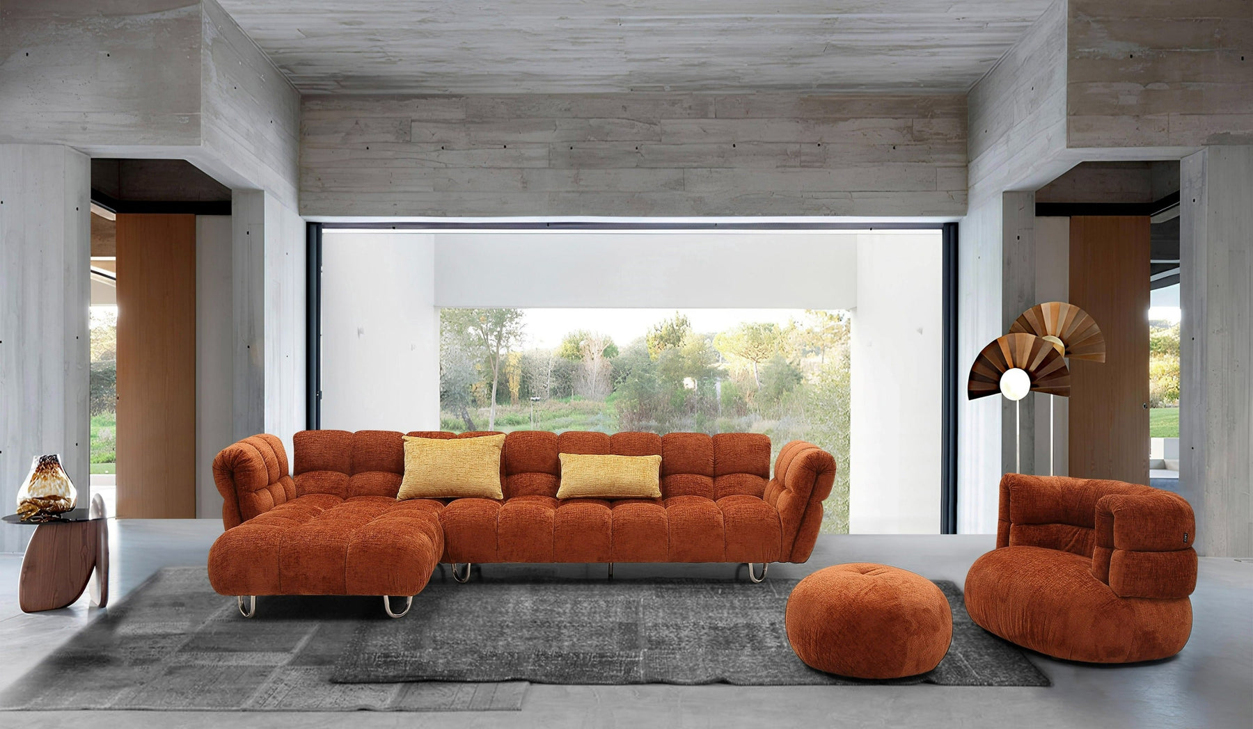 Jacinda - Modern Burnt Orange Fabric Left Facing Sectional Sofa + 2 Yellow Pillows