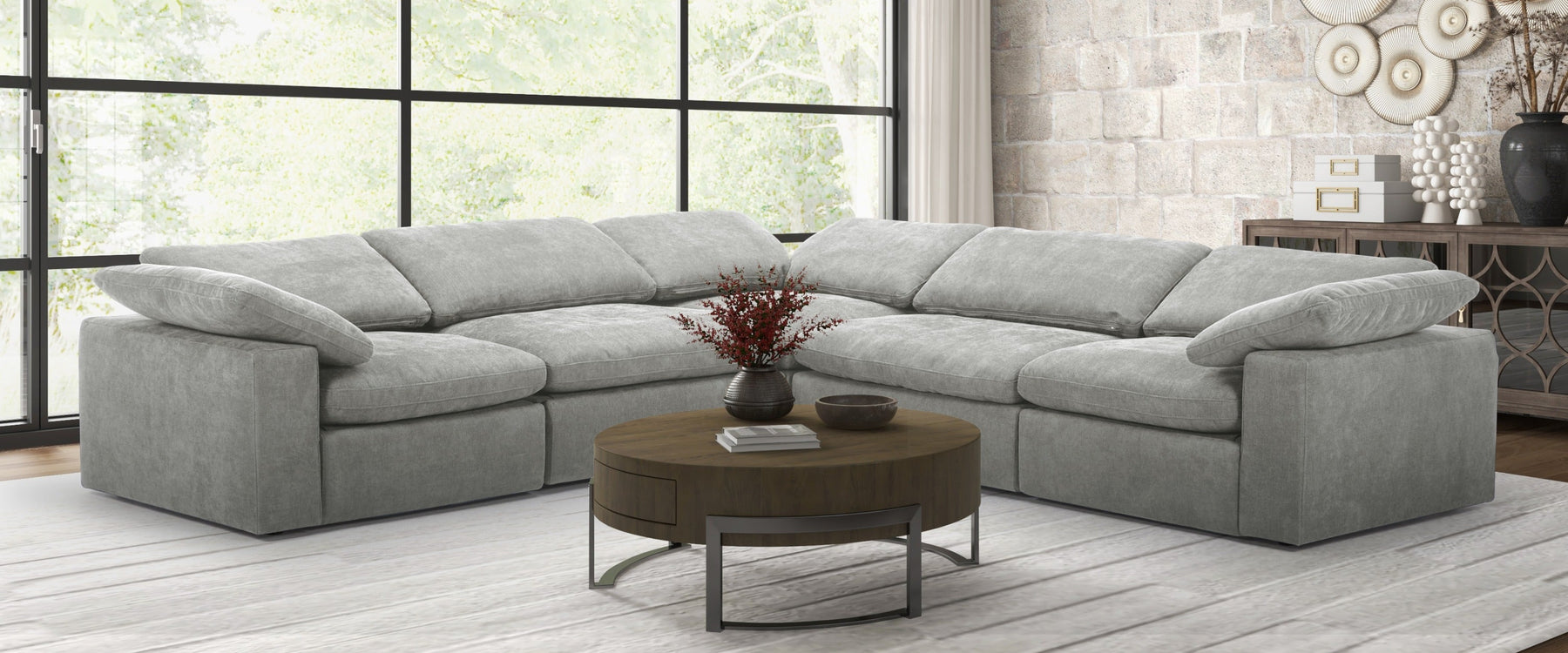 Corinth - Modern Grey Fabric Sectional Sofa with 3 Power Recliners