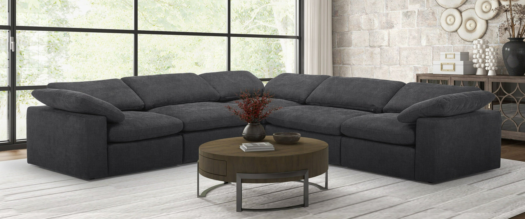 Corinth - Modern Dark Grey Fabric Sectional Sofa with 3 Power Recliners
