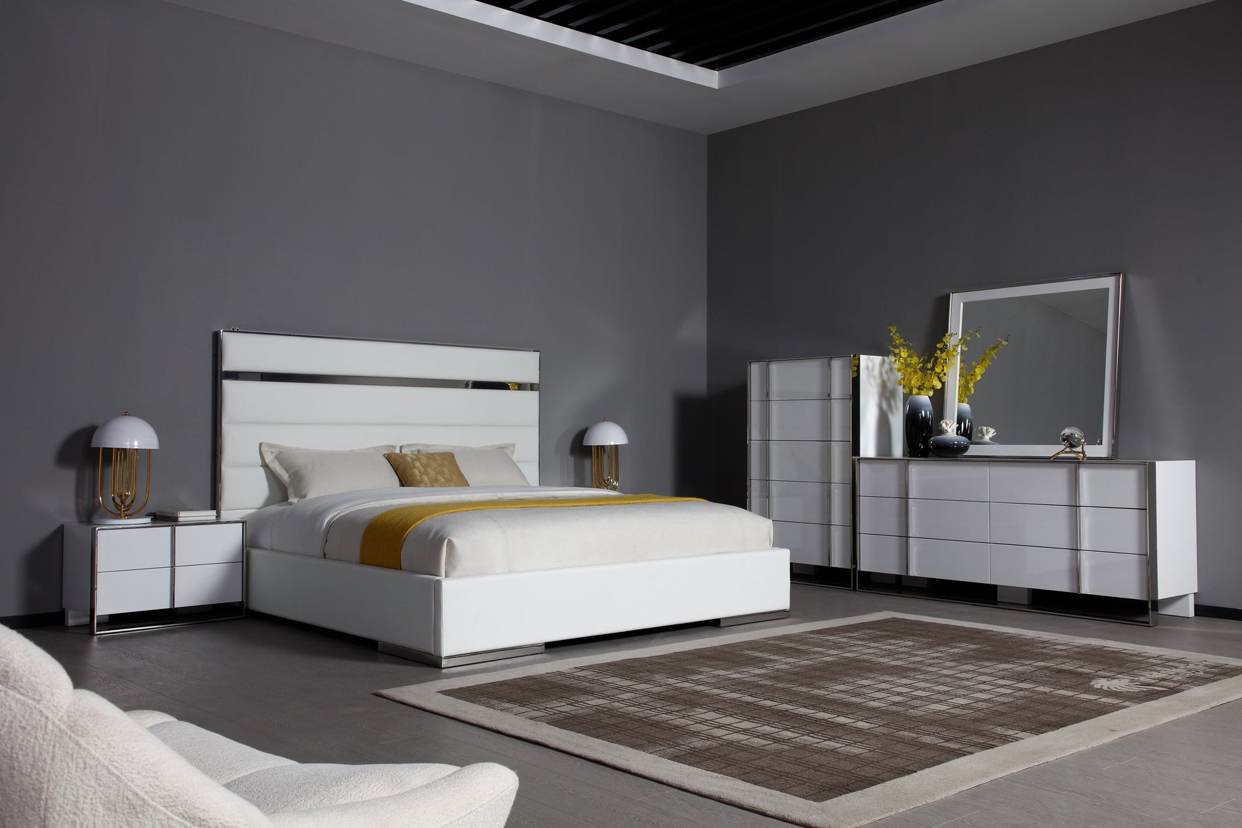 Cartier - Modern White Vegan Leather + Stainless Steel Bedroom Set