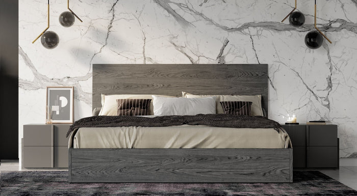 Lucia - Italian Modern Matte Grey / Elm Grey Bed + 2 Nightstands Set