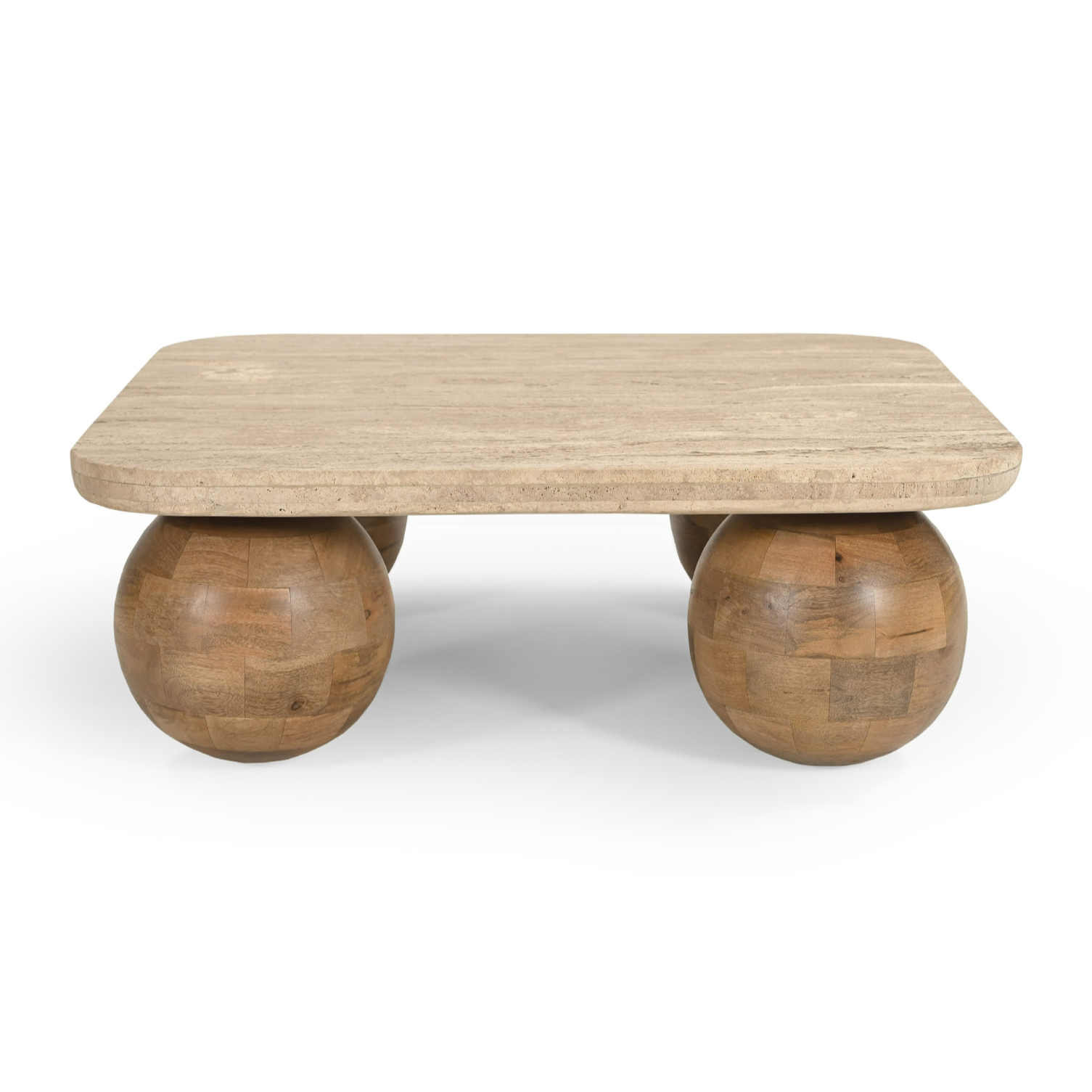 Seadrift - Modern Travertine Marble + Wood Square Coffee Table