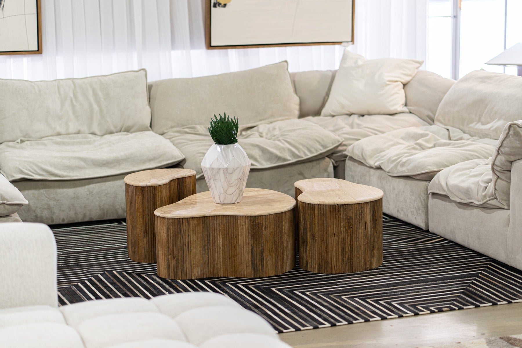 Matador - Modern Travertine Marble + Wood Freeform Coffee Table Set