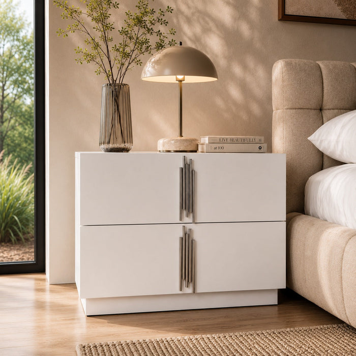 Token - Modern White & Stainless Steel Wide Nightstand