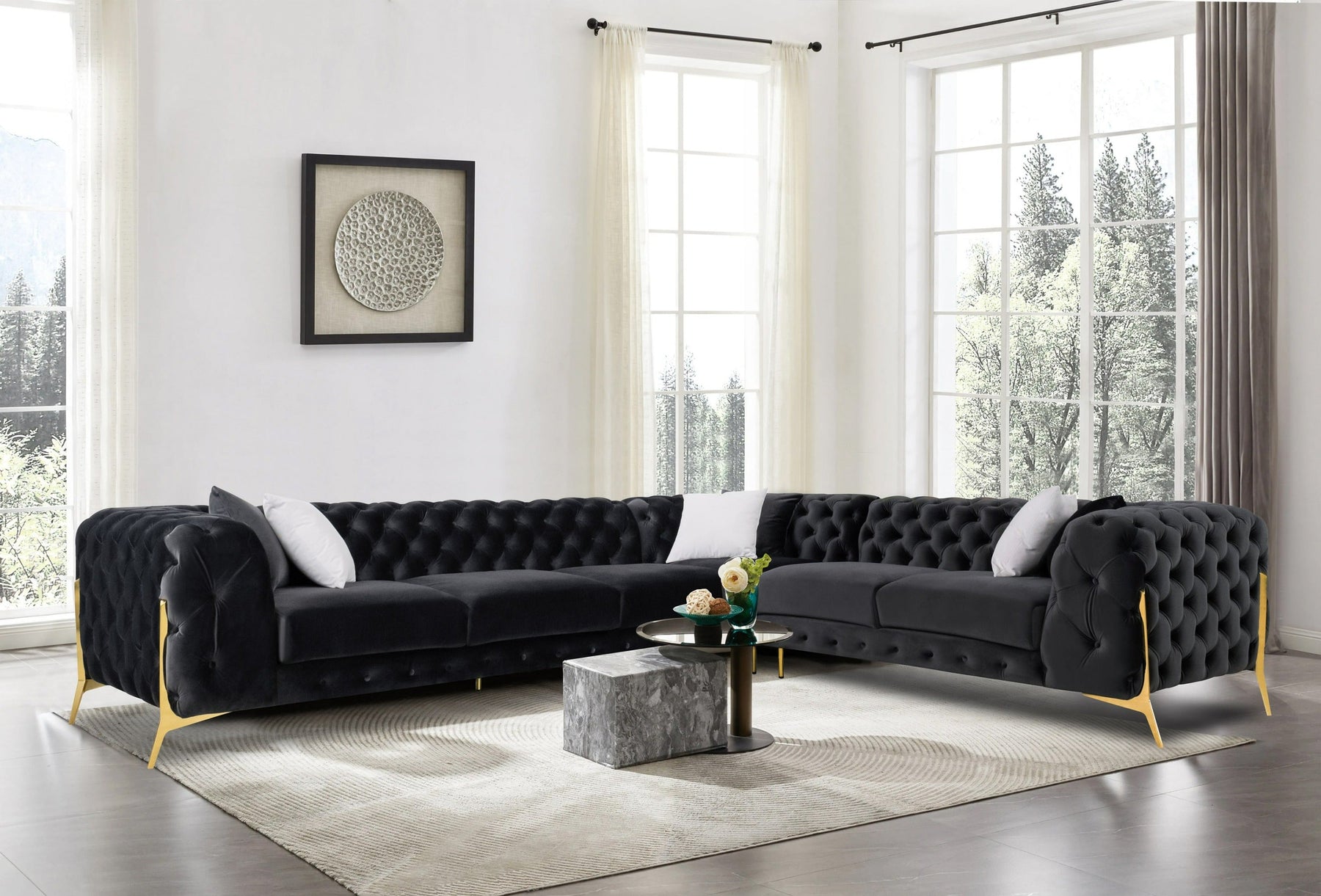 Clarice - Transitional Black Velvet Sectional Sofa