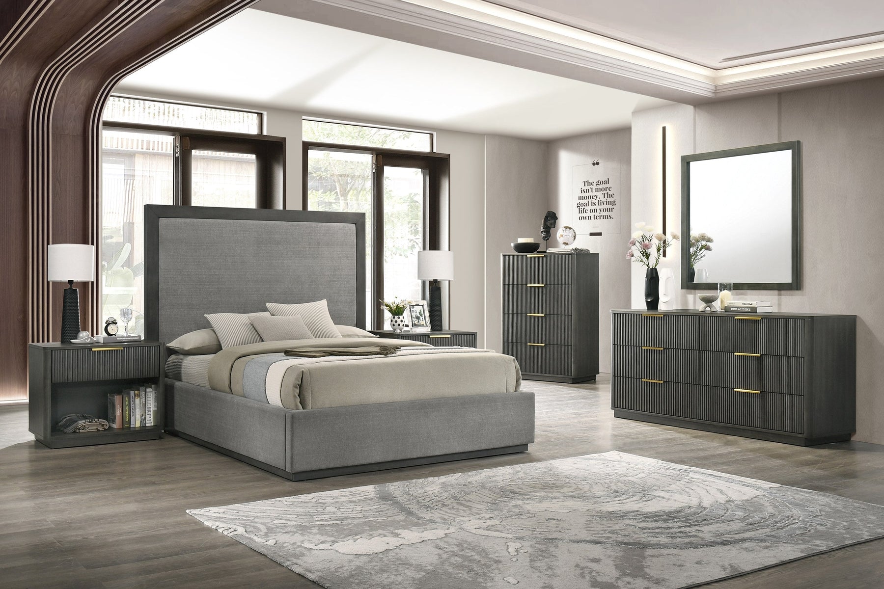 Santa Barbara + Santa Monica - Modern Grey Fabric + Grey Wash Bedroom Set