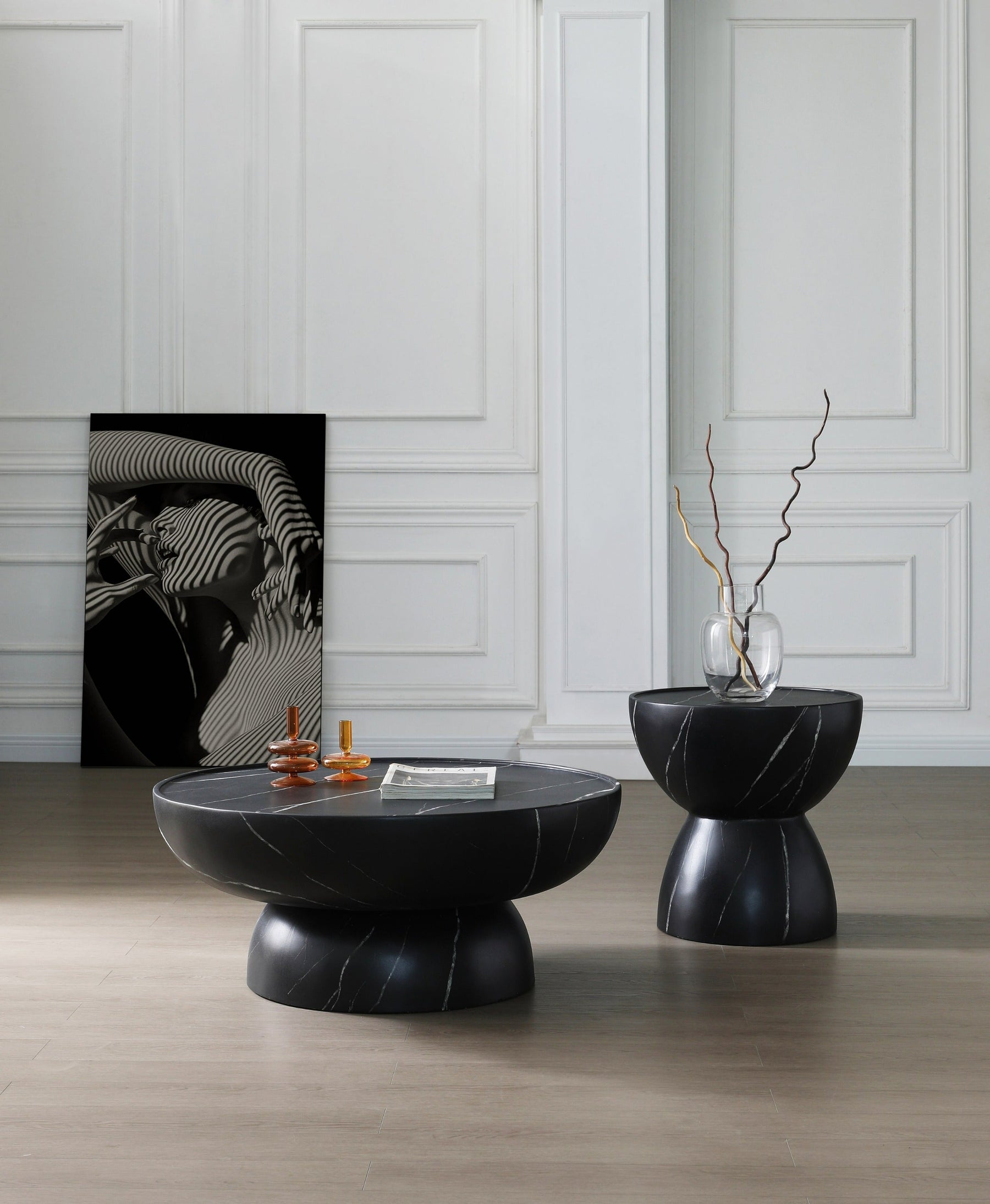 Akron - Modern Black & White Faux Marble Round Coffee Table
