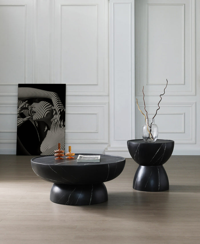 Akron - Modern Black & White Faux Marble Round Coffee Table