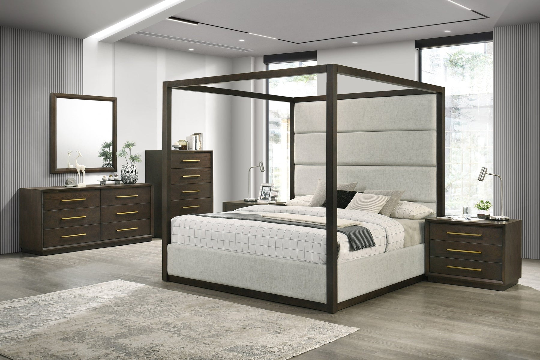 Manhattan - Contemporary Canopy Brown Oak Bedroom Set